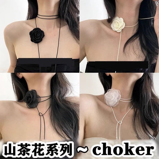 Black and White Flower Necklace Rose choker Neck Flower Neckband Necklace for Women Camellia Collarbone Chain