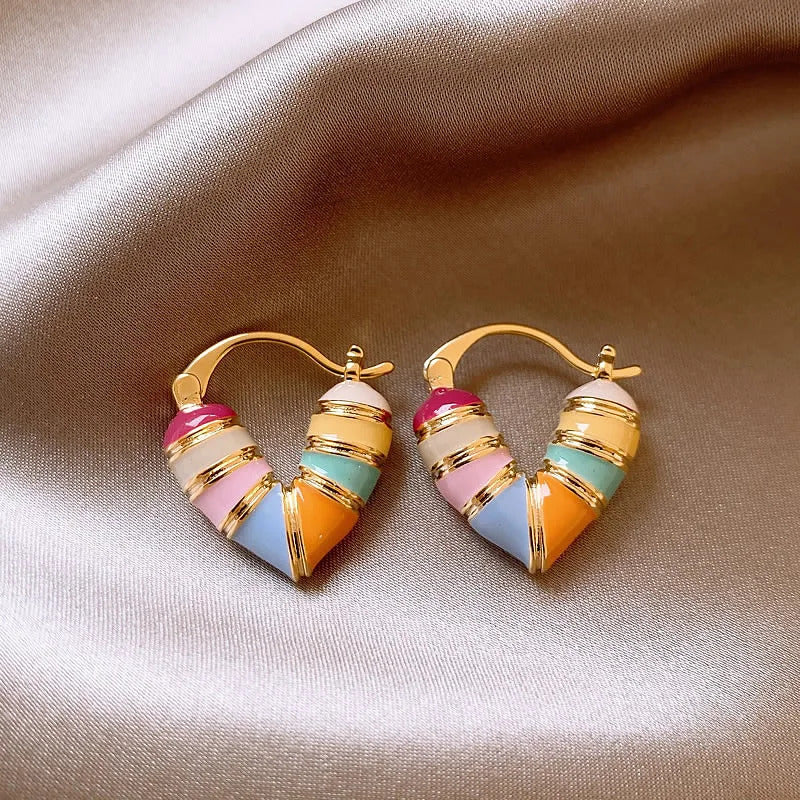 Colorful Heart Ear Buckle 2024 New Korean Fashion Women's Earring Precious Hoop Earrings Gold Plating Jewelries Girl Gifts