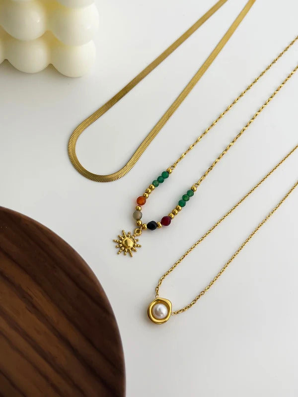 Peri'sbox Imitation Pearl Natural Stone Sunflower Pendant Necklace Women's Stainless Steel Flat Snake Chain Stackable Jewelry