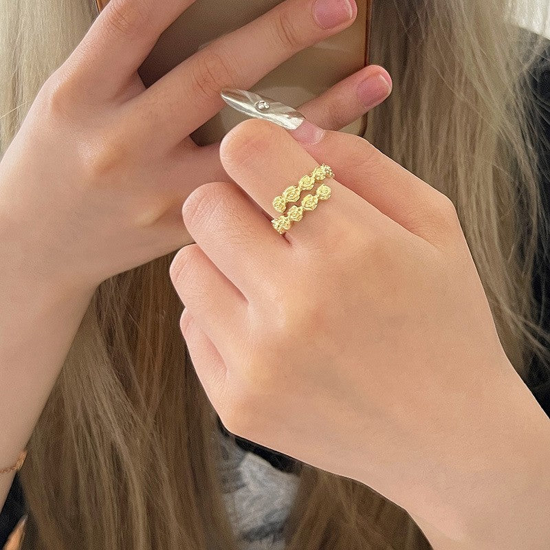 Sand Gold Opening Adjustable Frosted Ring Women's Fashion Sweet Light Luxury Niche Exquisite Ring Ancient Design