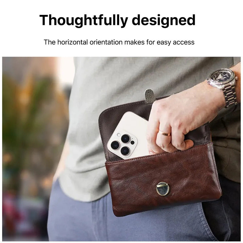Genuine Leather Waist Bag for Men Casual Flip Cover Phone Holster Case with Belt Clip Mobile Phone Pouch for iPhone 16 Samsung