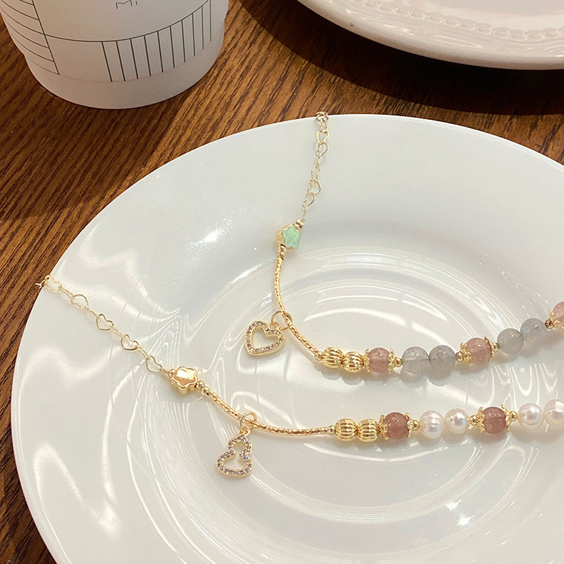 New Style Super Fairy Sweet Strawberry Crystal Bracelet Fresh Ins Gourd Pendant Bracelet String Grey Moonlight Bracelet