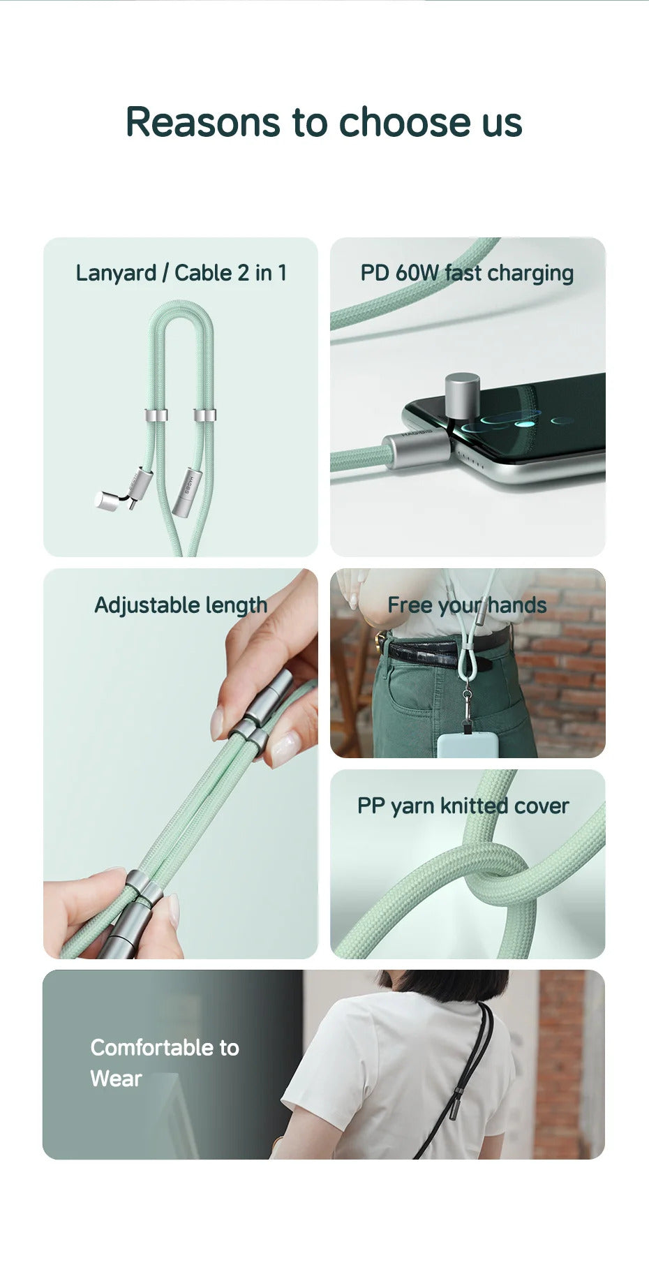 Hagibis Universal Phone Lanyard USB C Cable 2 in 1 Phone Strap C to C/C to L Charging Cord for iPhone 15 14 Pro Max Most Phones