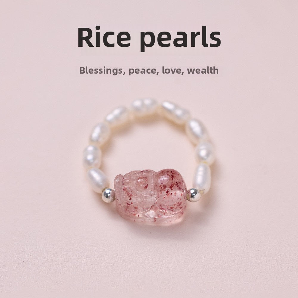 Natural Tourmaline Pixiu Ring Freshwater Pearl Garnet Crystal Stretch Good Luck Peach Blossom Rings