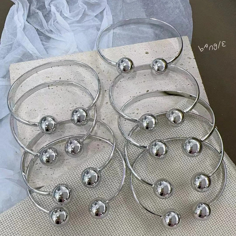 5PCS, Double Ball Open Cuff Bangles For Women Trendy Gold Plated Party Jewelry