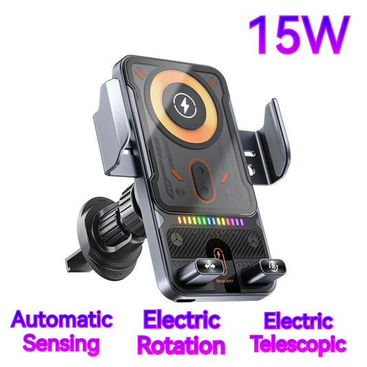 2025 New F18 Car Wireless Charger Holder Auto-Sensing Electric Telescopic 90° Rotation Ambient Light Universal for Cars/Phones