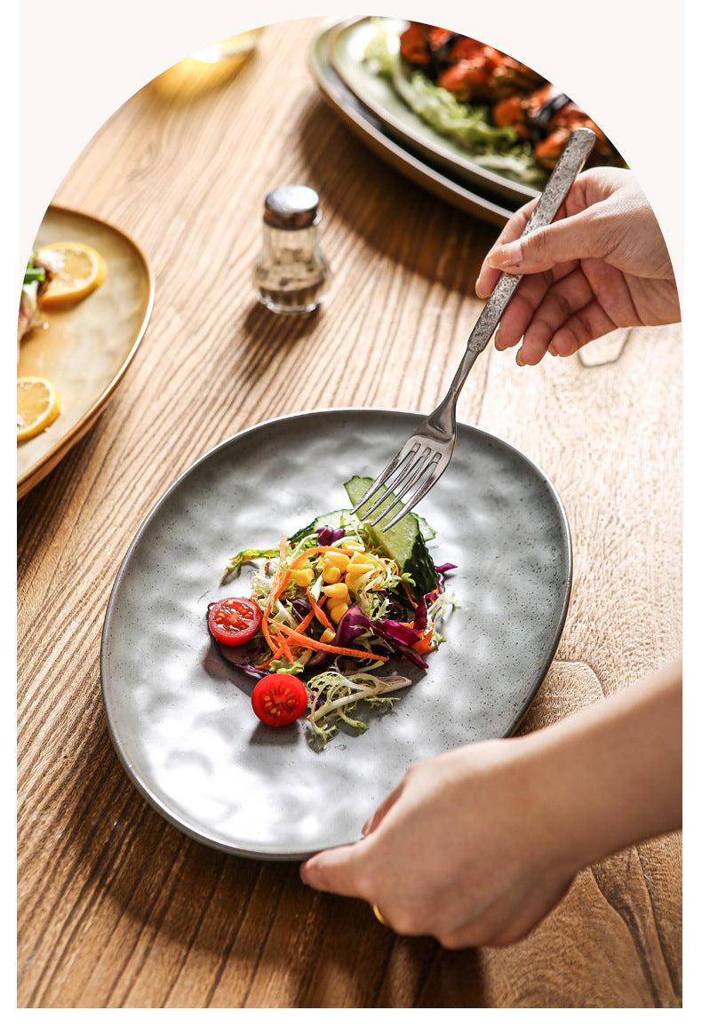 Vintage Coarse Pottery Oval Ceramic Long Plate Restaurant Home Large Capacity Personalized Fish Plate Sushi Pastry Dessert Display Plate