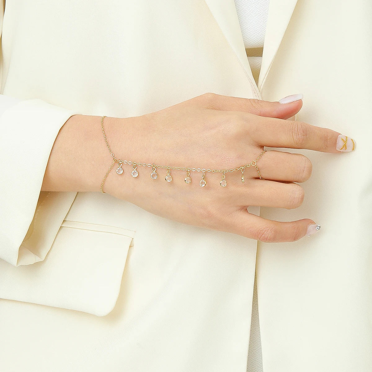 Exquisite Vintage Emerald Blue Crystal Boho Wrist Bracelet for Women Finger Ring Chain Charms Lady Trendy Aesthetic Jewelry Set