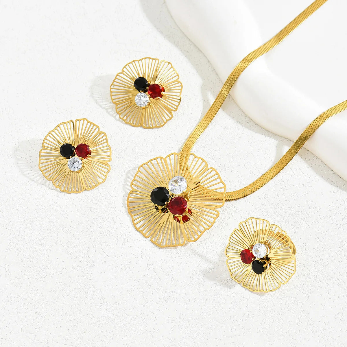 3Pcs Stainless Steel Colorful Zircon Hollow Flower Pattern Necklace Earrings Ring for Women Luxury Design Jewelry Set Party Gift