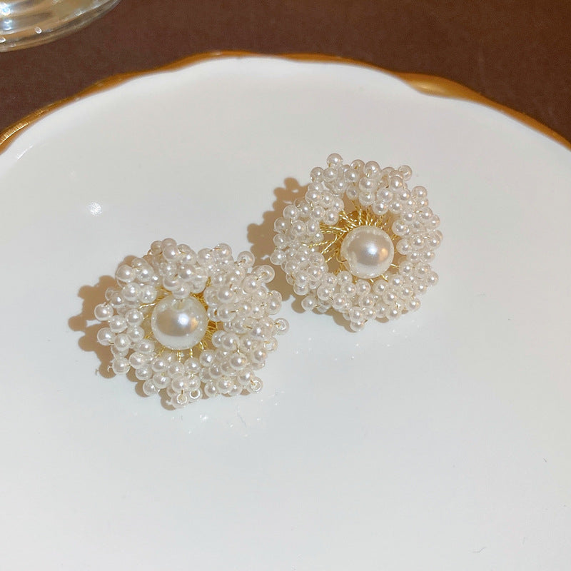 Silver Needle Inlaid with Diamonds and Pearls Flower Tassel Earrings Niche Style Atmosphere Earrings Fashionable Light Luxury High-end Earrings