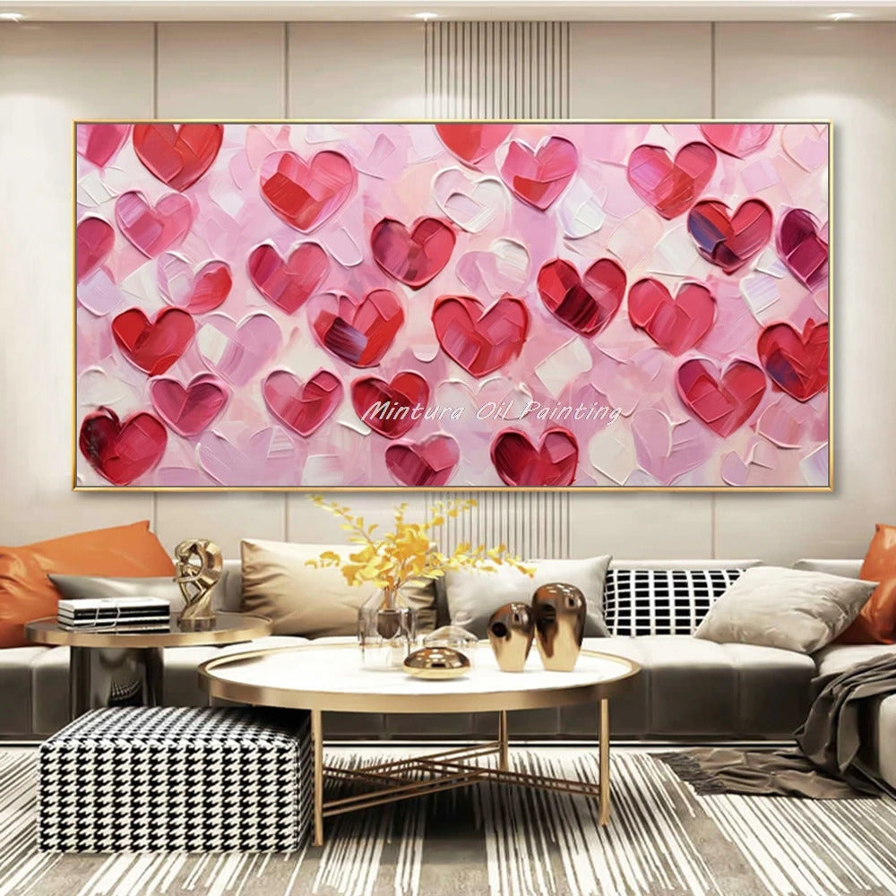 Mintura,100% Handmade Knife Graffiti Pink Red Heart Oil Painting on Canvas,Modern Abstract Wall Art Picture,Room Home Decoration