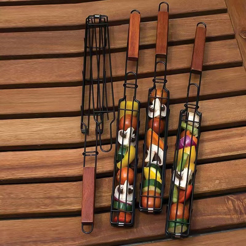 Burning Baking Cage Carbon Steel Hot Dog Sausage with Wooden Handle Baking Cage BBQ Barbecue Wire Barbecue Clip Grill Rack Camping Barbecue Tools