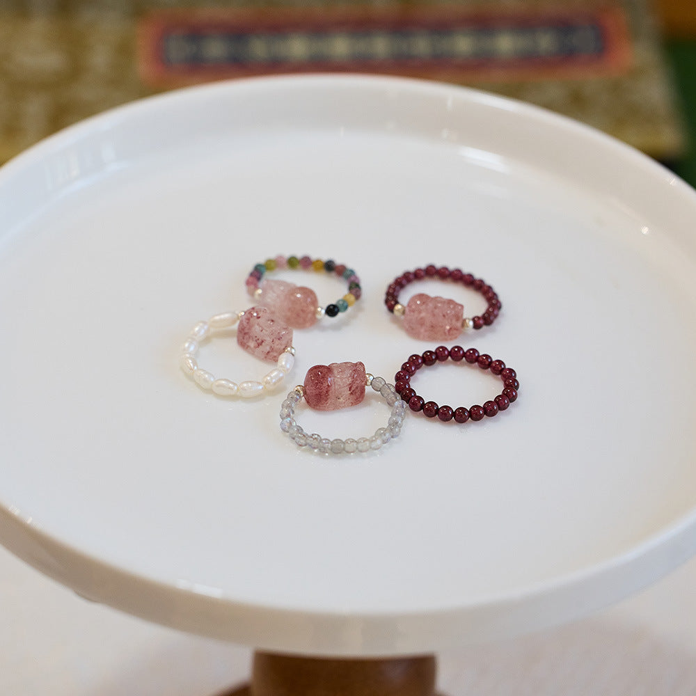 Natural Tourmaline Pixiu Ring Freshwater Pearl Garnet Crystal Stretch Good Luck Peach Blossom Rings