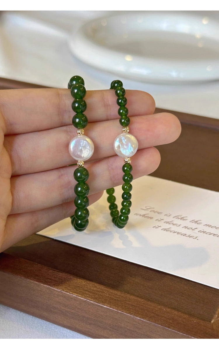 Green Agate Chalcedony Natural Pearl Bracelet Summer Women's High-end Niche New Chinese Style Bracelet Non-fading Jewelry