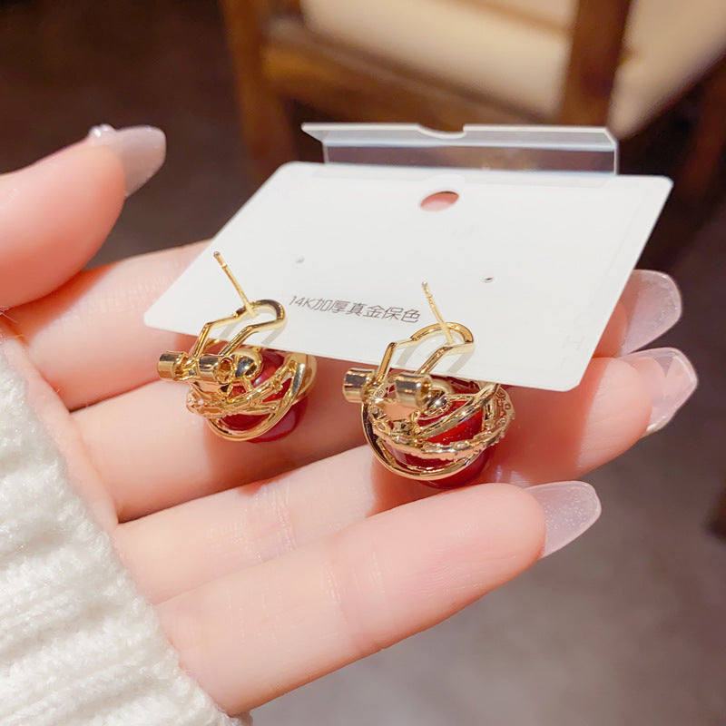 S925 Silver Needle Korean Fashion Simple Diamond-Studded Wrapped Pearl Earrings Exquisite Petite Versatile Socialite Earrings