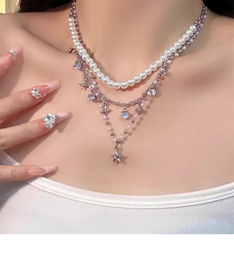 Iterative Five-pointed Star Pendant Pearl Necklace Cold Style Light Luxury Spice Clavicle Chain
