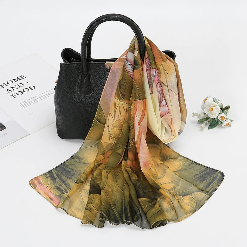 Lotus Print Chiffon Scarf Fashionable Lightweight Neck Scarf For Women Summer Neck Sun Protection Silk Scarf Shawl 150*50cm