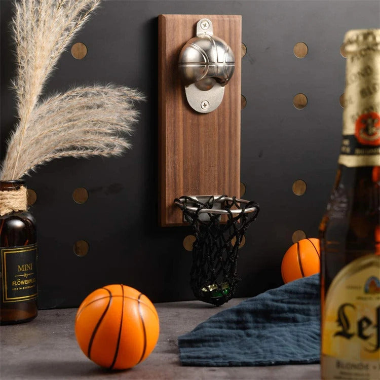 LMETJMA Magnetic Basketball Bottle Opener Wooden Wall-mounted Beer Bottle Opener with Cap Catcher Ideal Gift for Basketball JT82