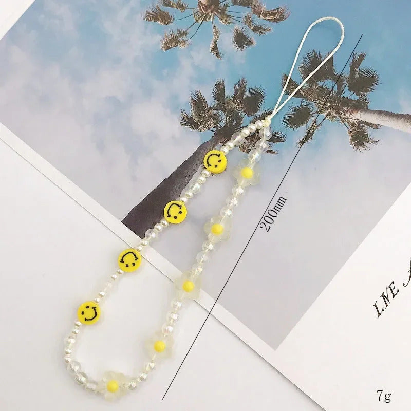 Fashion Charm Pearl Clay Beaded Mobile Phone Chain Acrylic Cartoon Phone Jewelry Women Girls Anti Lost Telephone Lanyard Hanging