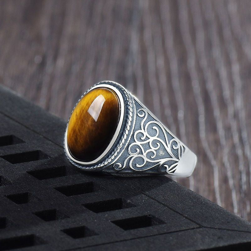 New S925 Silver Tiger Eye Stone Adjustable Men's Ring Vintage Style Natural Gift Open Ring Gold Feel