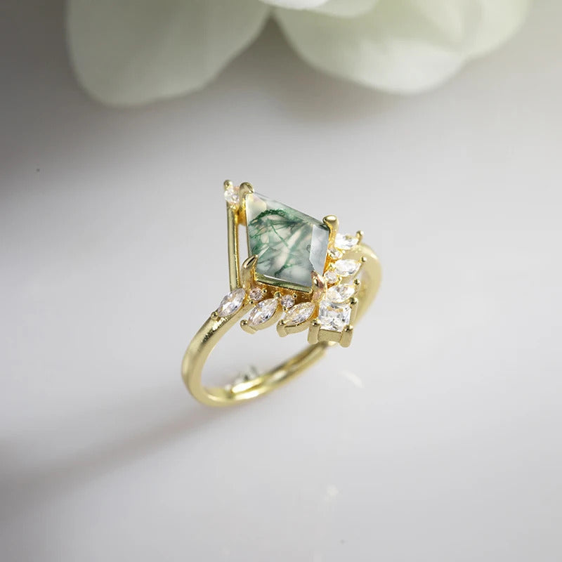 925 Sterling Silver Dainty Kite Shaped Moss Agate Ring for Woman Adjustable Moonstone Rings Handmade Jewelry Birthstone Gifts