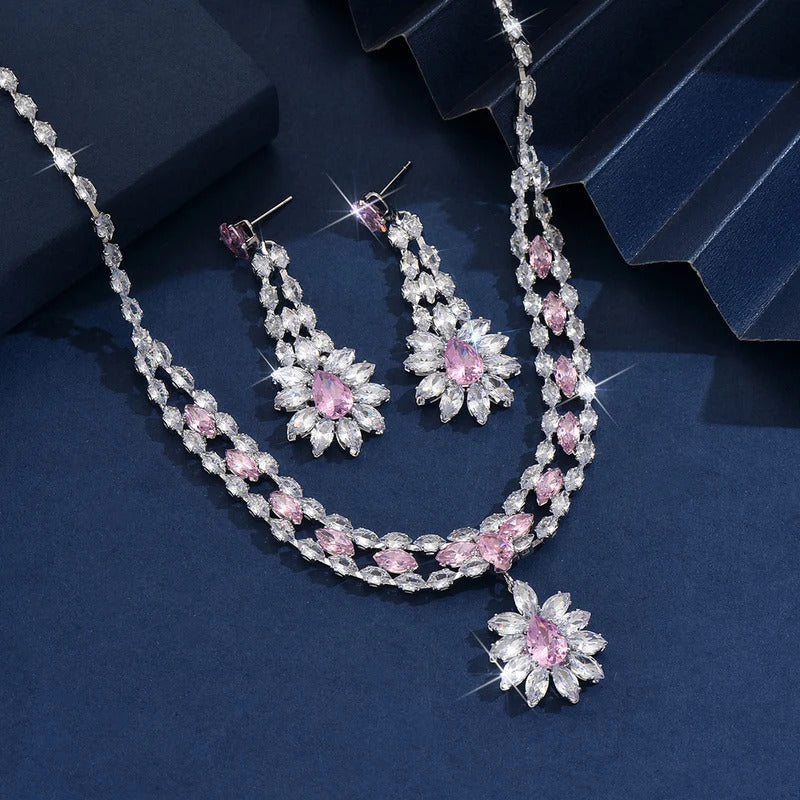 3PC Women's Fashion Zircon Flower Fresh Necklace Earrings Jewelry Set Design Sense Wedding Party Festival Gift-8556