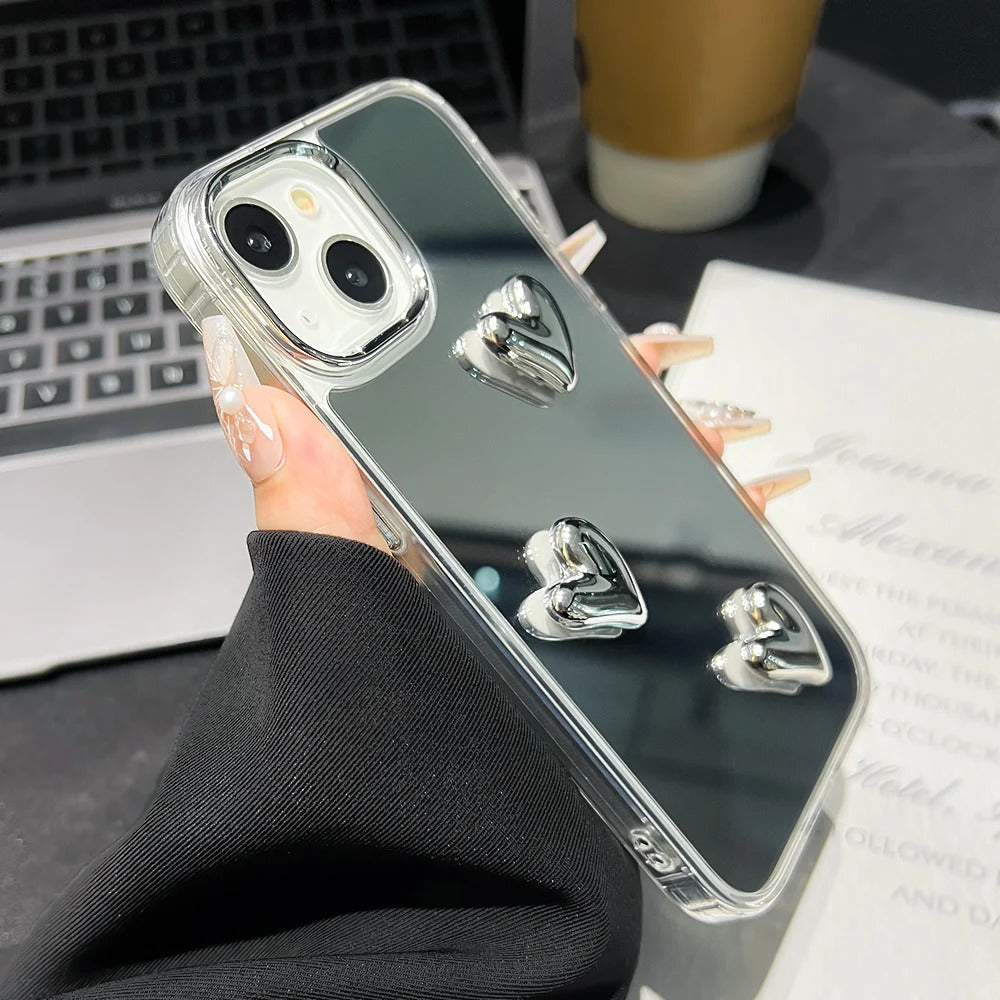 Love Heart Lanyard Mirror Phone Case For iPhone 13 11 16 15 Pro Max 12 14 Plus XR X XS Case Wrist Chain Makeup Mirror Soft Cover