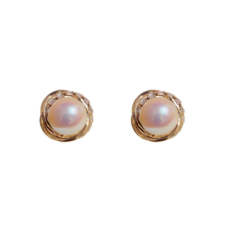 S925 Silver Needle Korean Fashion Simple Diamond-Studded Wrapped Pearl Earrings Exquisite Petite Versatile Socialite Earrings