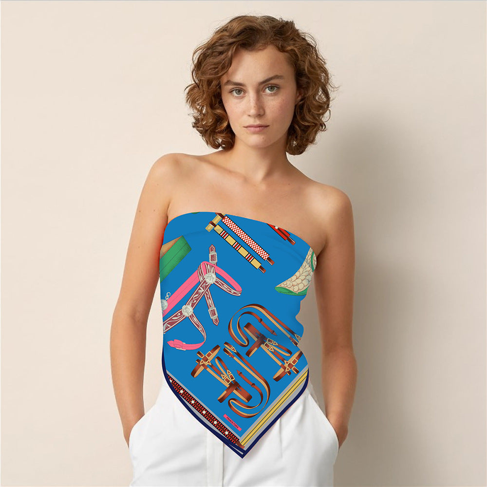 90cm Silk Scarf Women Belt Chain Design Square Scarf Head Echarpes Silk Foulards Femme Wraps Beach Shawls Bandana Lady Hijabs