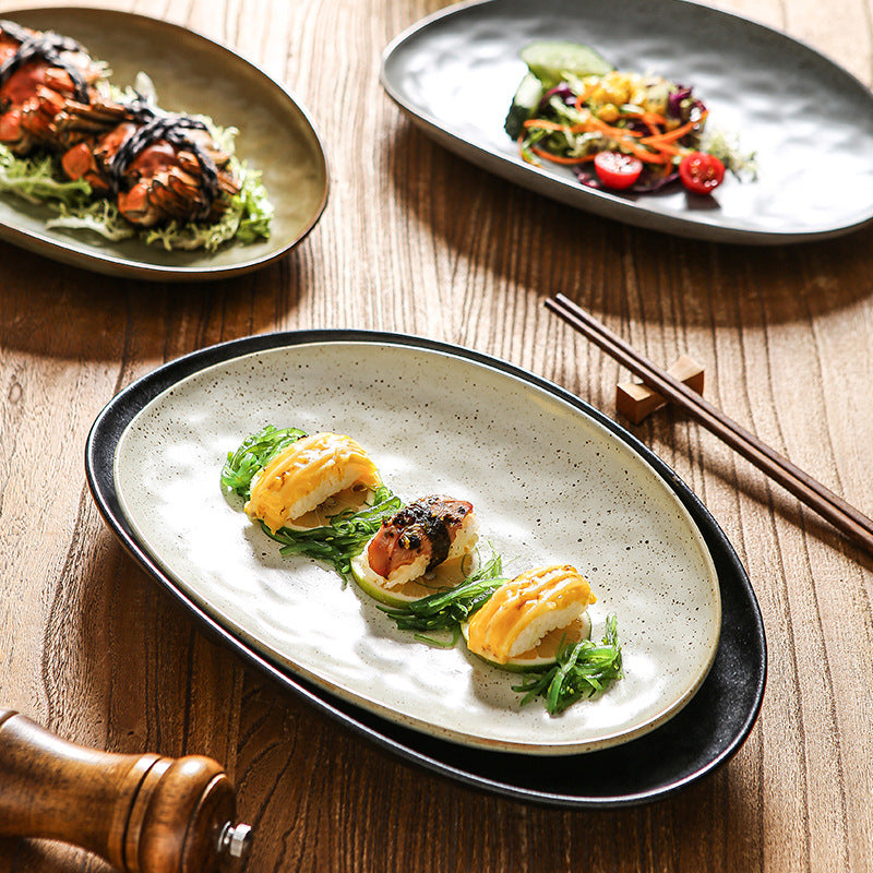 Vintage Coarse Pottery Oval Ceramic Long Plate Restaurant Home Large Capacity Personalized Fish Plate Sushi Pastry Dessert Display Plate