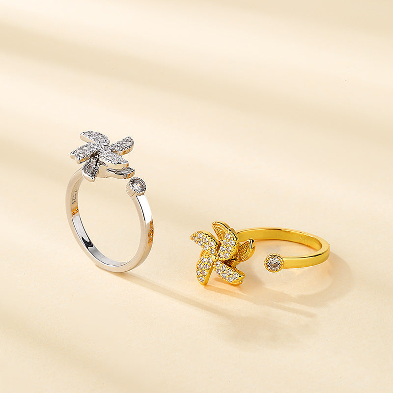 Rotating Stress Relief Windmill Ring for Women Creative Personality Design Adjustable Open Ring