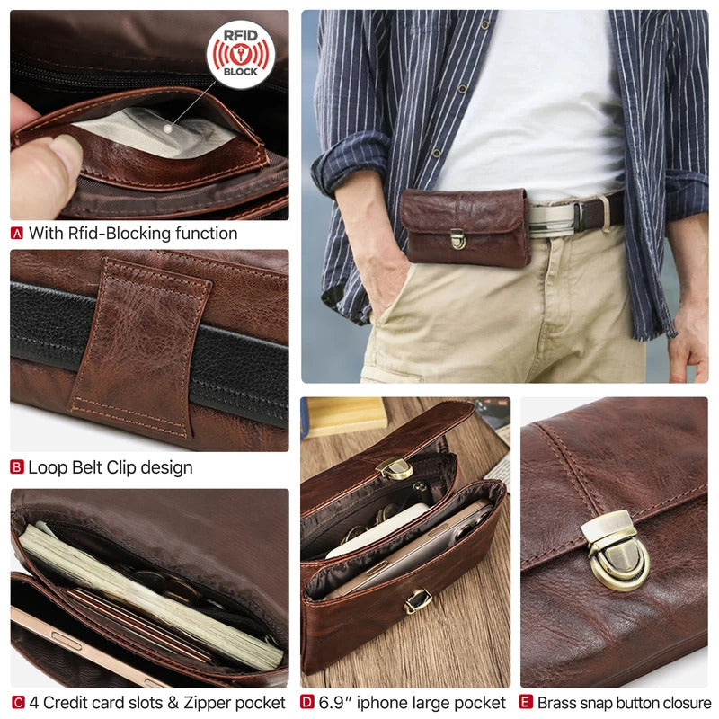 Genuine Leather Waist Bag for Men Casual Flip Cover Phone Holster Case with Belt Clip Mobile Phone Pouch for iPhone 16 Samsung