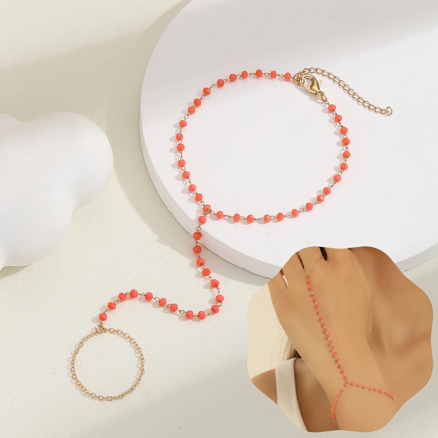 Exquisite Vintage Emerald Blue Crystal Boho Wrist Bracelet for Women Finger Ring Chain Charms Lady Trendy Aesthetic Jewelry Set