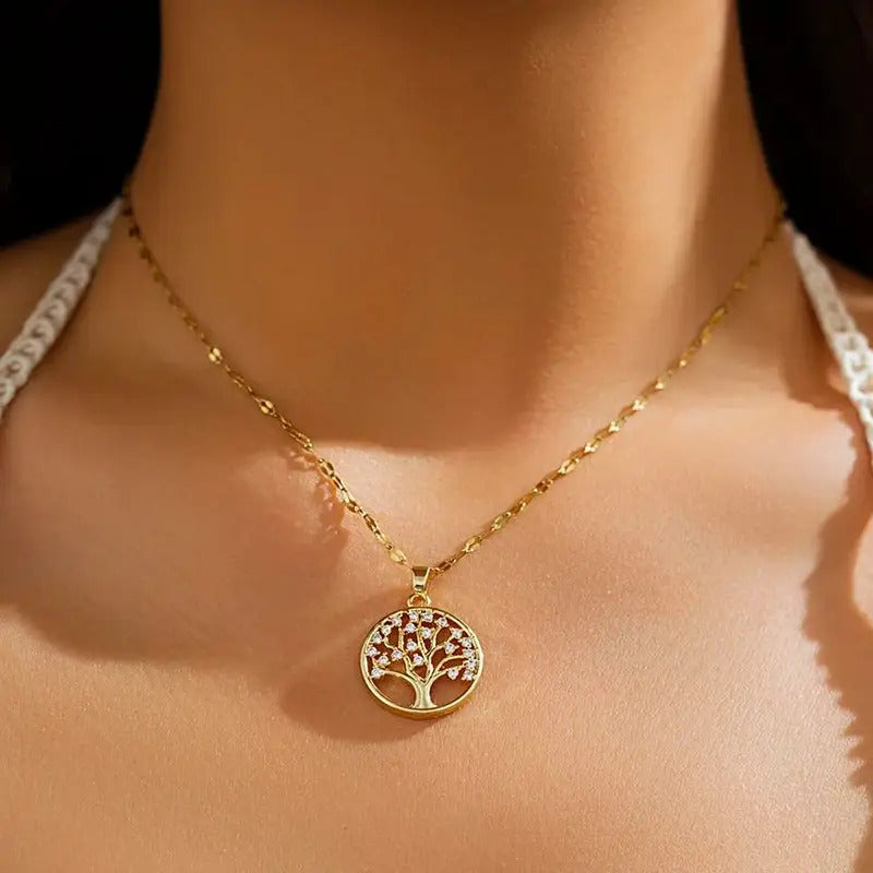 Temperamental Luxury Rhinestone Tree of Life Pendant Necklace Women Vintage Stainless Steel Waterproof Chain Aesthetic Jewelry