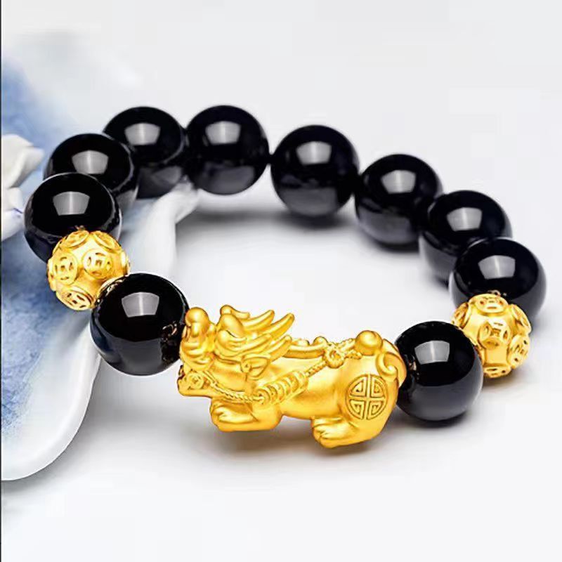 Brass Gold Plated Brave Bracelet Lucky Beads Agate Obsidian Sanskrit Bracelet Men's and Women's Bracelet