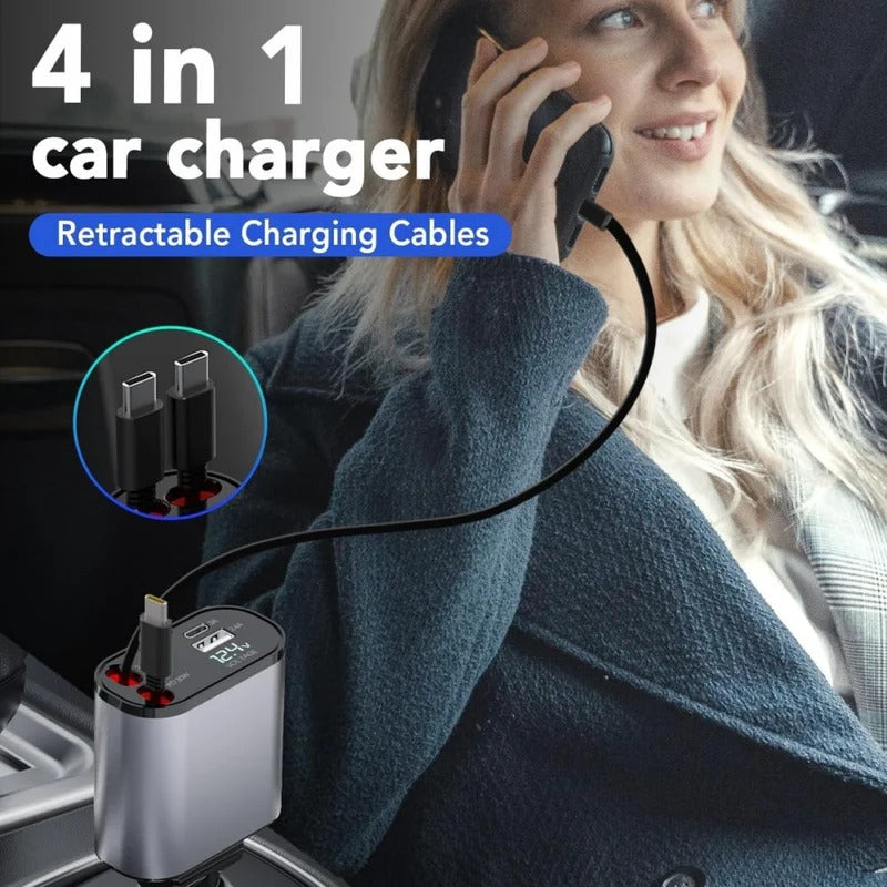 120W Car Charger 4 in 1 Retractable Fast Charging Car Phone Charger Cigarette Lighter Adapter USB C Cable for iPhone Xiaomi Poco