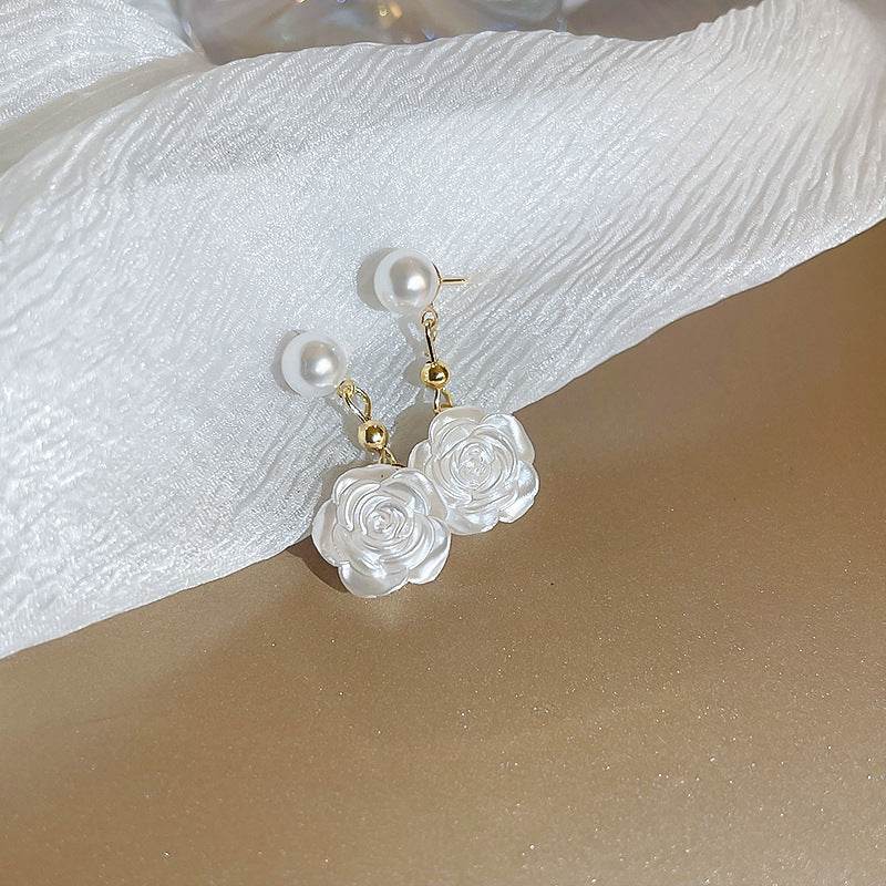 Silver Needle Inlaid with Diamonds and Pearls Flower Tassel Earrings Niche Style Atmosphere Earrings Fashionable Light Luxury High-end Earrings