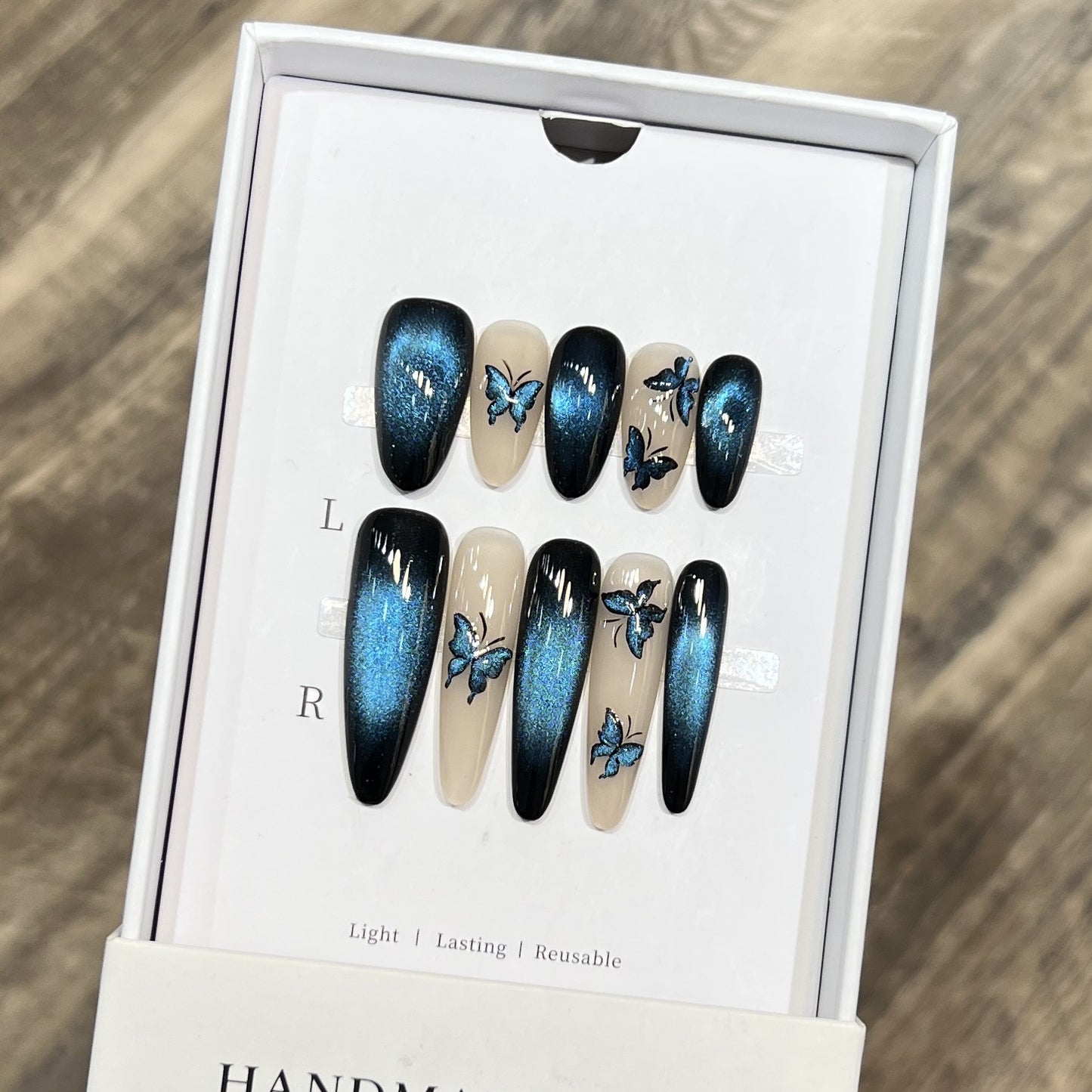 Dairison [Magic Butterfly] Wearable Nails Pure Handmade Advanced AB Glass Bead Cat Eye Dynamic Butterfly Nail Tips