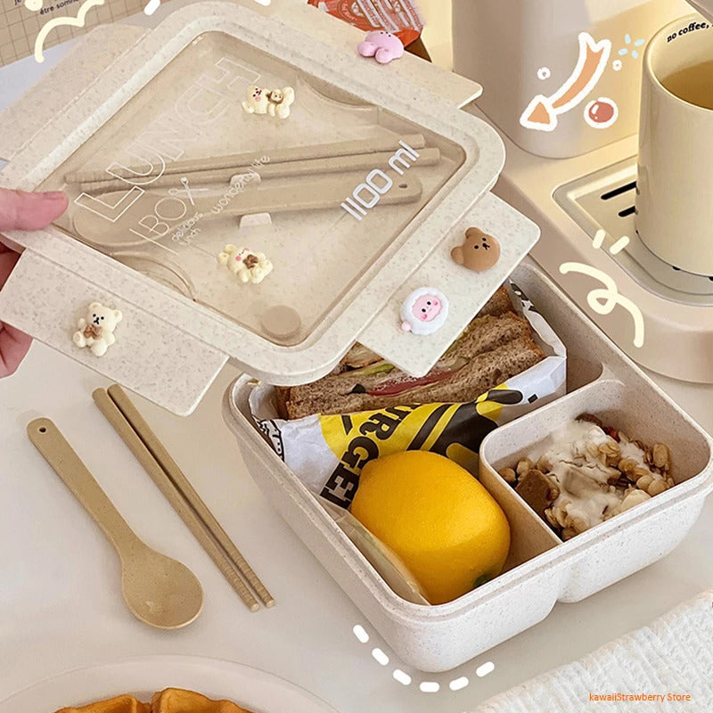 1100ML Lunch Box For Kids School Adults Office Wheat Straw Microwave Picnic Storage Portable Big Bento Box With Spoon Chopsticks