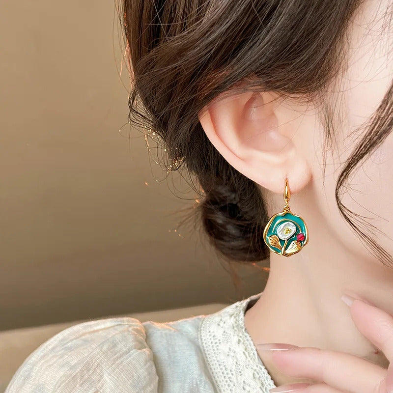 Vintage Oil Painting Style Flower Earrings Fashion Imitates Pearl Geometric Drop Earrings High-End Wedding Jewelry Accessories