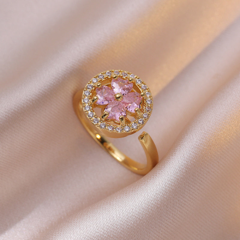 Rotating Ring for Women with Micro Paved Zircon, Elegant and Minimalist Style, Versatile Full Diamond Round Clover Ring Jewelry