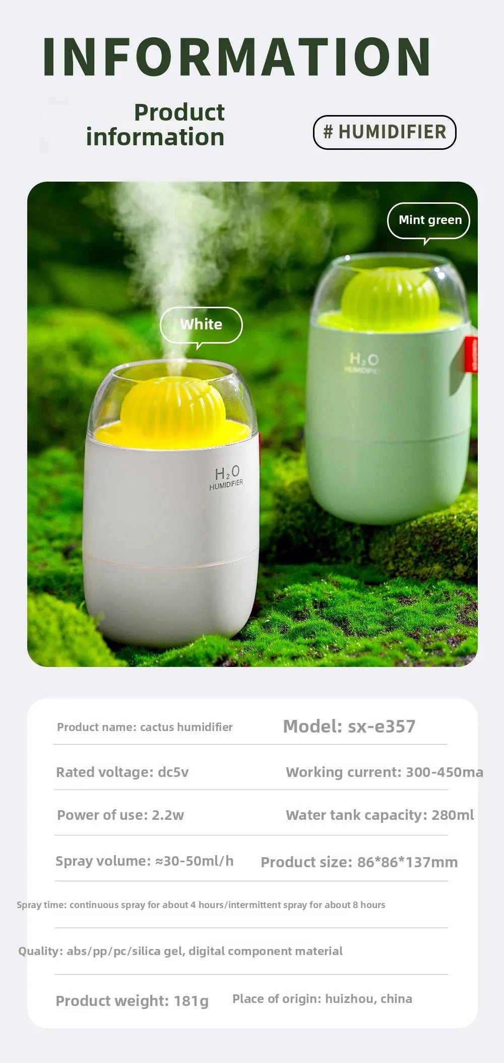 Creative Cactus Air Humidifier USB Electric 280ML Capacity Aroma Essential Oil Diffuser Color Lights Mist Spary for Home Bedroom