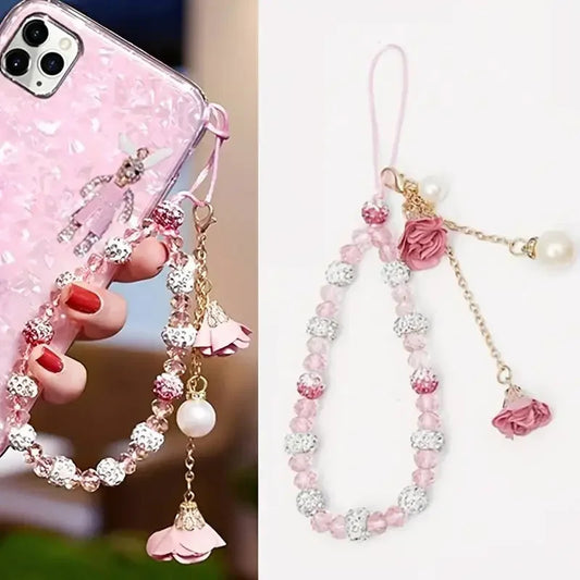 Fashion Pendant Flower Bracelet Mobile Phone Lanyard Crystal Phone Straps Hanging Rope Strap Wrist Rope Anti-lost Lanyard