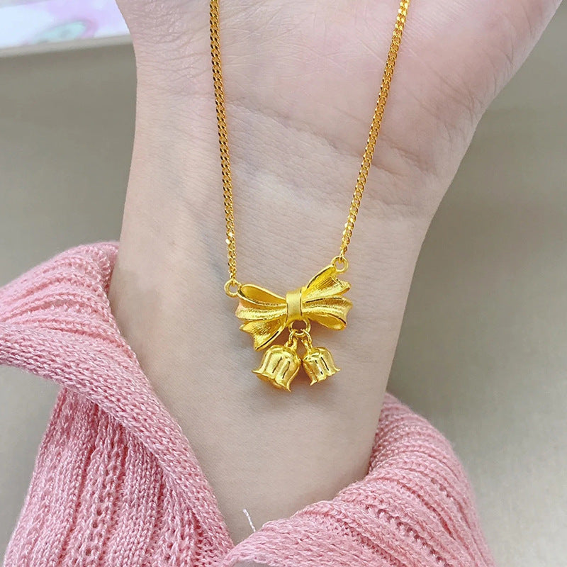 Princess on the Run Bowknot Lily of the Valley Necklace for Women 18K Gold High-End Design Sense Women's Clavicle Chain Non-Fading