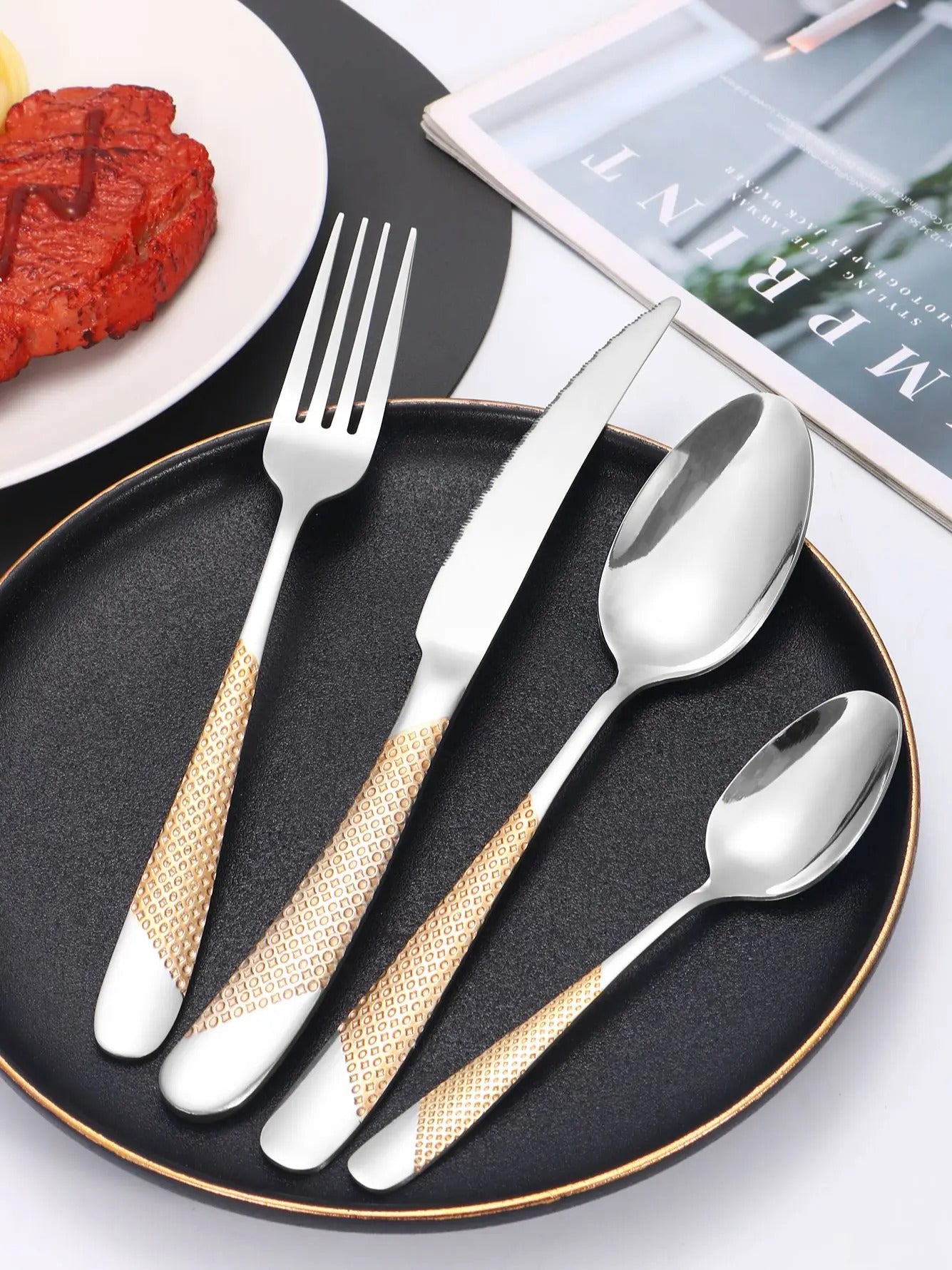 24pc Stainless steel tableware star steak knife and fork dessert fork spoon family suits