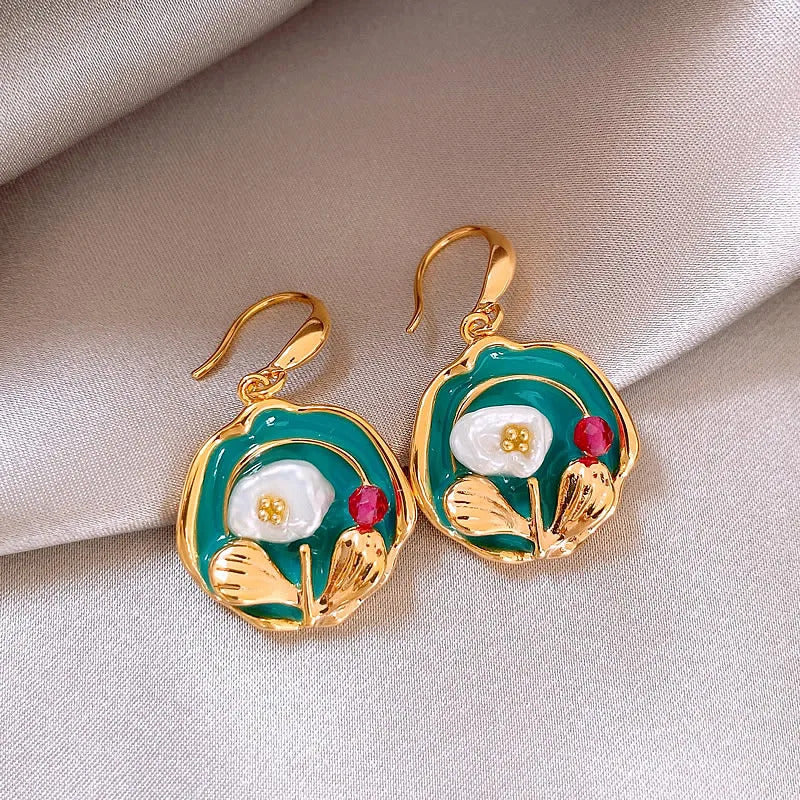 Vintage Oil Painting Style Flower Earrings Fashion Imitates Pearl Geometric Drop Earrings High-End Wedding Jewelry Accessories