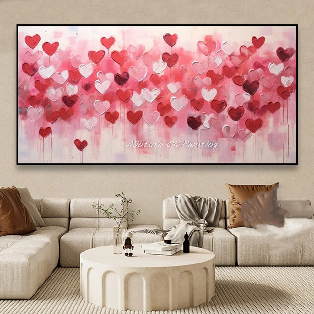 Mintura,100% Handmade Knife Graffiti Pink Red Heart Oil Painting on Canvas,Modern Abstract Wall Art Picture,Room Home Decoration
