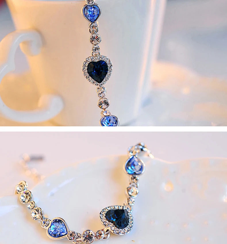 New Women Luxury Lucky Bracelet for Female Blue Crystal Heart Charm Bracelet Women Bridal Wedding Engagement Fine Jewelry Gift