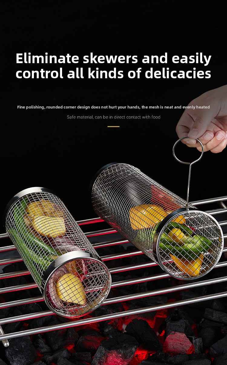 Stainless Steel BBQ Grill Net Tube Outdoor BBQ Cage Rolling BBQ Tube Cylindrical BBQ Net Meat Roasting Cylinder