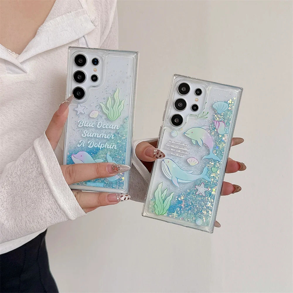 Glow In The Dark Dolphin Patterned Glitter Bling Soft Case For Samsung S24 Ultra S23 Plus S21 FE Note 20 Cover Luminous Funda